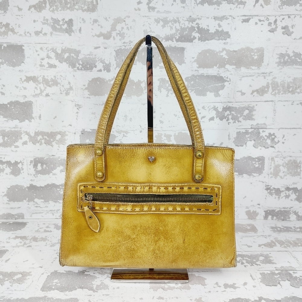 Jean Fogel Leather Tan/Gold Outside Zip  Pocket Handbag 1008